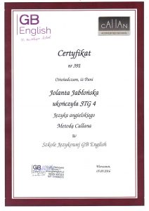 Certyfikat angielskiego metodą Callana Jolanty Jabłońskiej