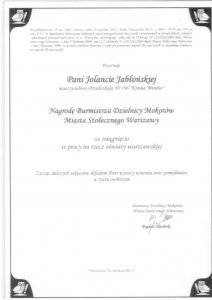 Dyplom dla Jolanty Jabłońskiej